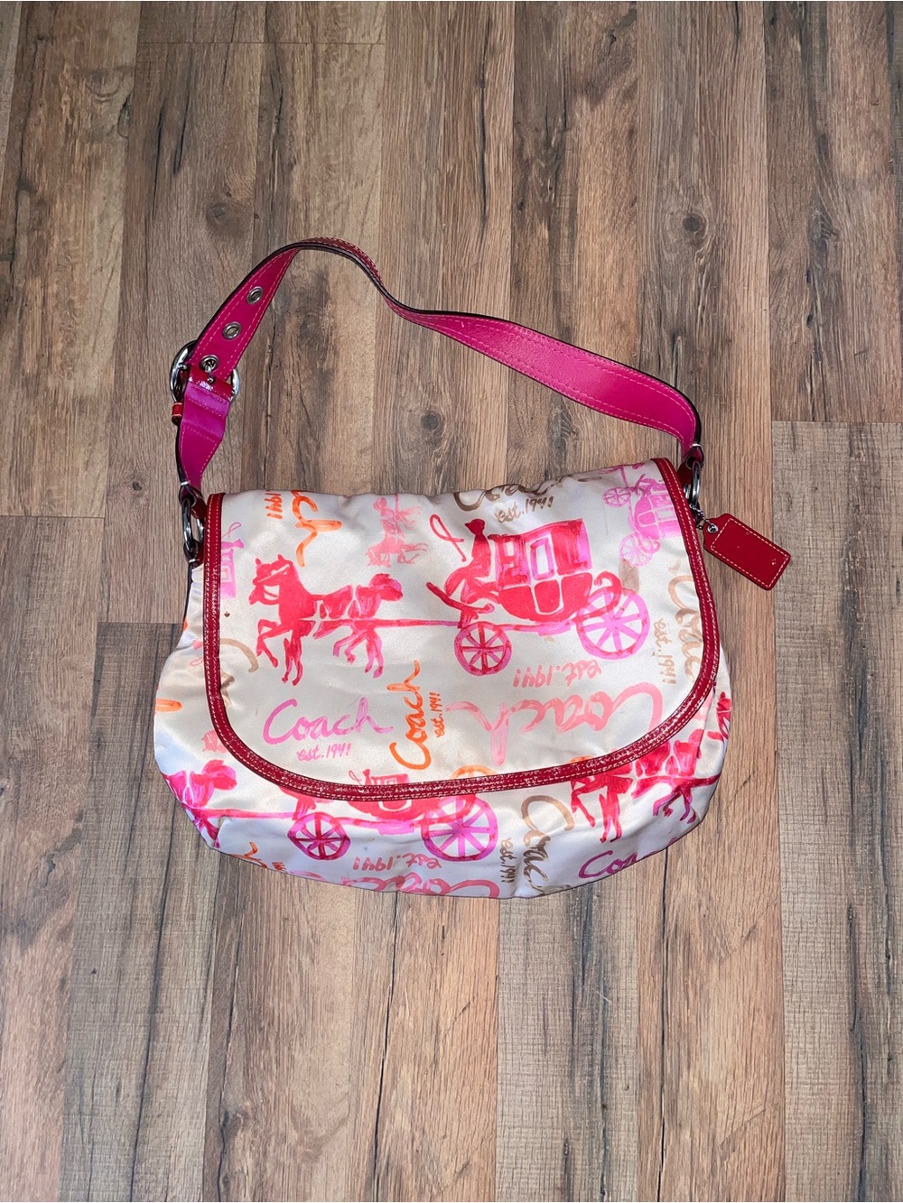 Vtg Y2K Coach Pink & Coral Signature Print Shoulder Bag